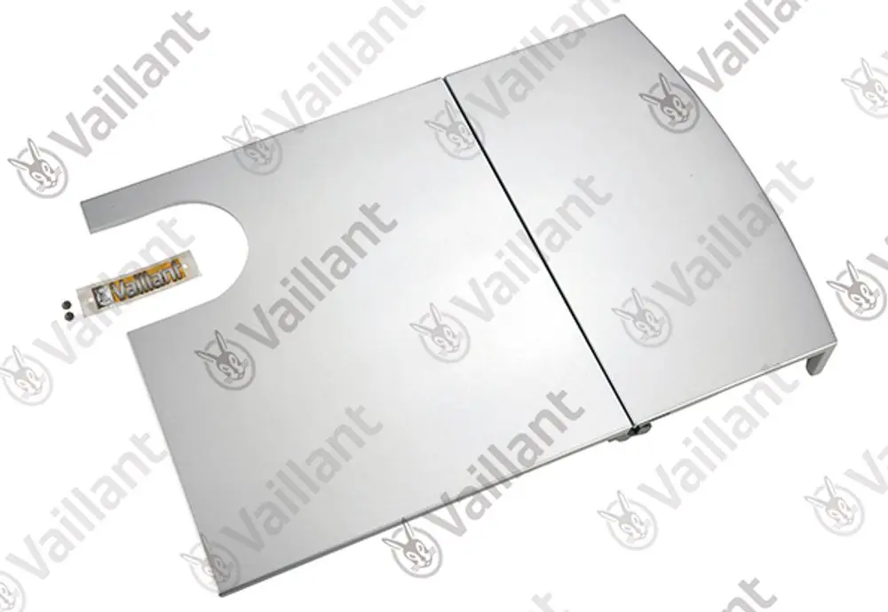 Vaillant Metalldeckel in silberner Ausführung, rechteckig mit abgerundeten Ecken, inklusive kleinerer Vaillant-Plakette.